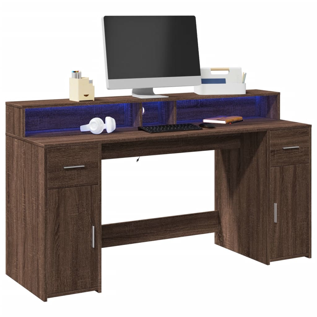 Bureau met LED-verlichting 160x55x91 cm hout bruin eikenkleurig – afbeelding 1