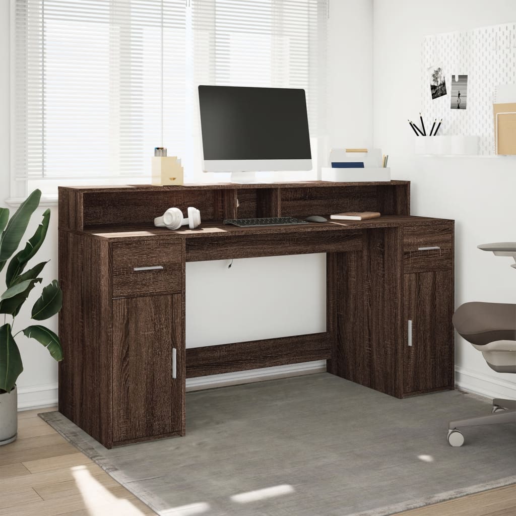 Bureau met LED-verlichting 160x55x91 cm hout bruin eikenkleurig – afbeelding 3