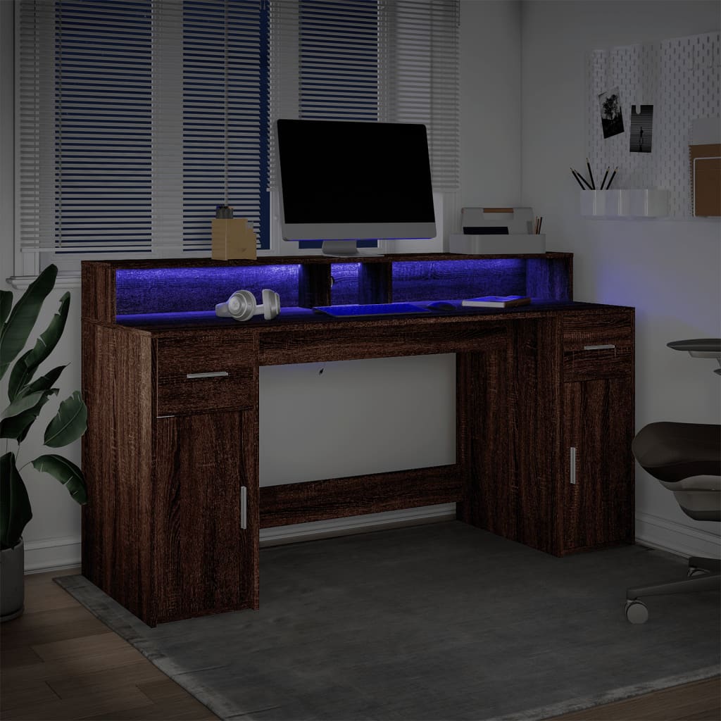 Bureau met LED-verlichting 160x55x91 cm hout bruin eikenkleurig – afbeelding 4