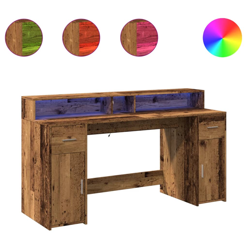 Bureau met LED-verlichting 160x55x91 cm bewerkt hout oud hout – afbeelding 2