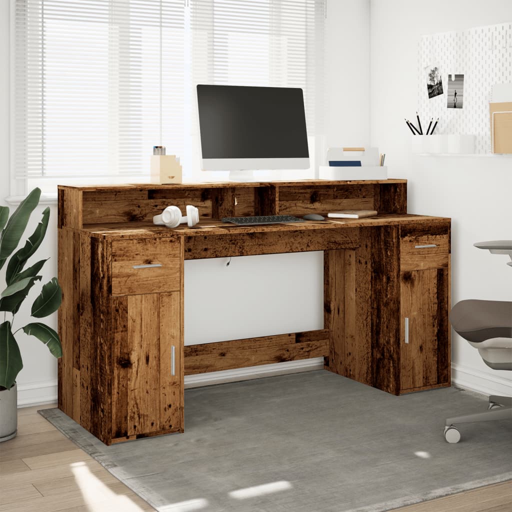 Bureau met LED-verlichting 160x55x91 cm bewerkt hout oud hout – afbeelding 3