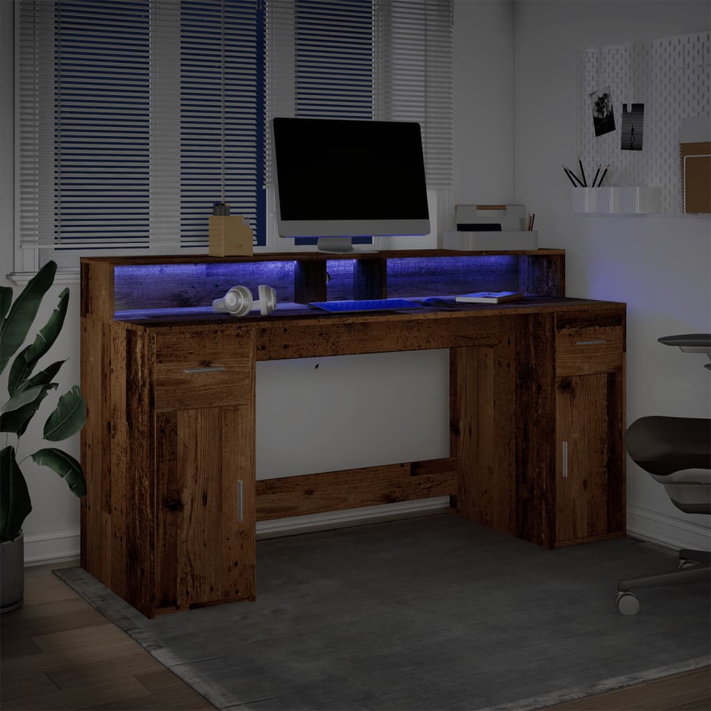 Bureau met LED-verlichting 160x55x91 cm bewerkt hout oud hout – afbeelding 4