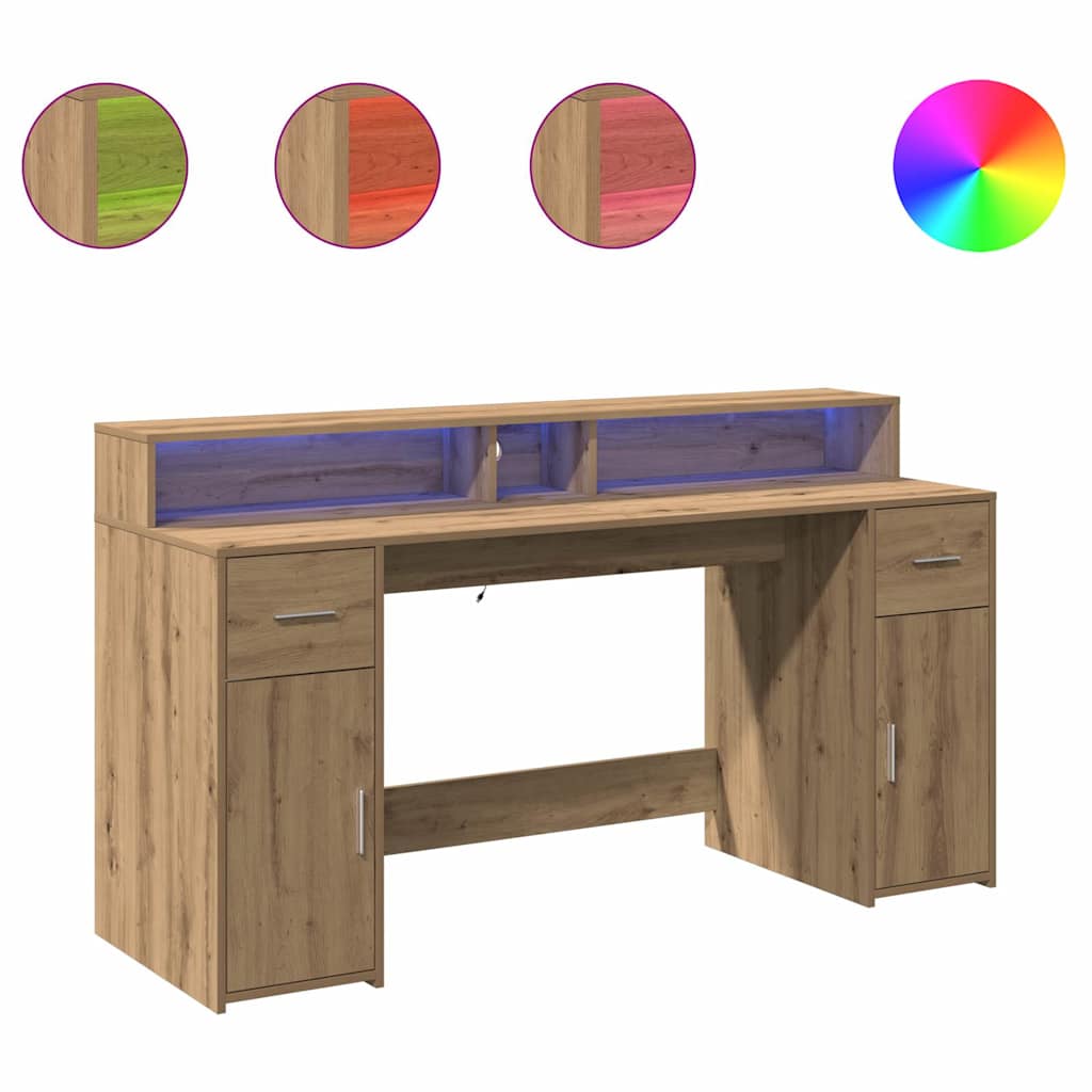 Bureau met LED-verlichting 160x55x91 cm hout artisanaal eiken – afbeelding 2