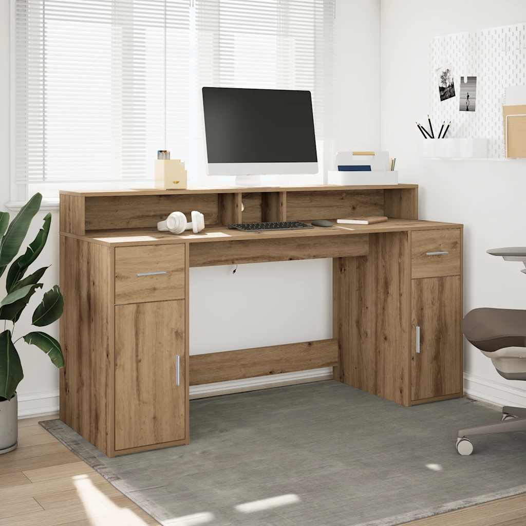 Bureau met LED-verlichting 160x55x91 cm hout artisanaal eiken – afbeelding 3