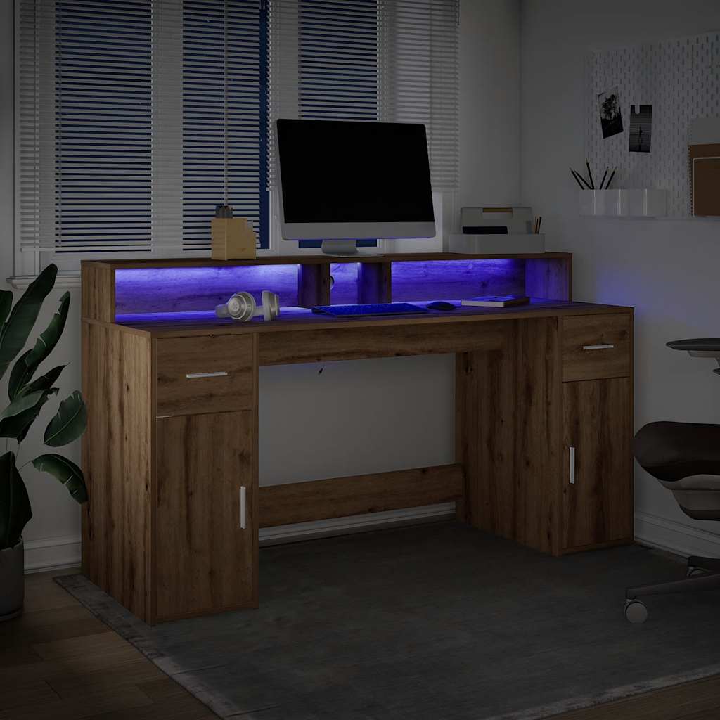 Bureau met LED-verlichting 160x55x91 cm hout artisanaal eiken – afbeelding 4