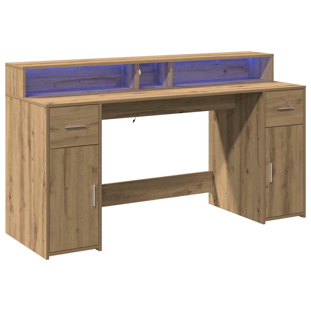 Bureau met LED-verlichting 160x55x91 cm hout artisanaal eiken – afbeelding 5