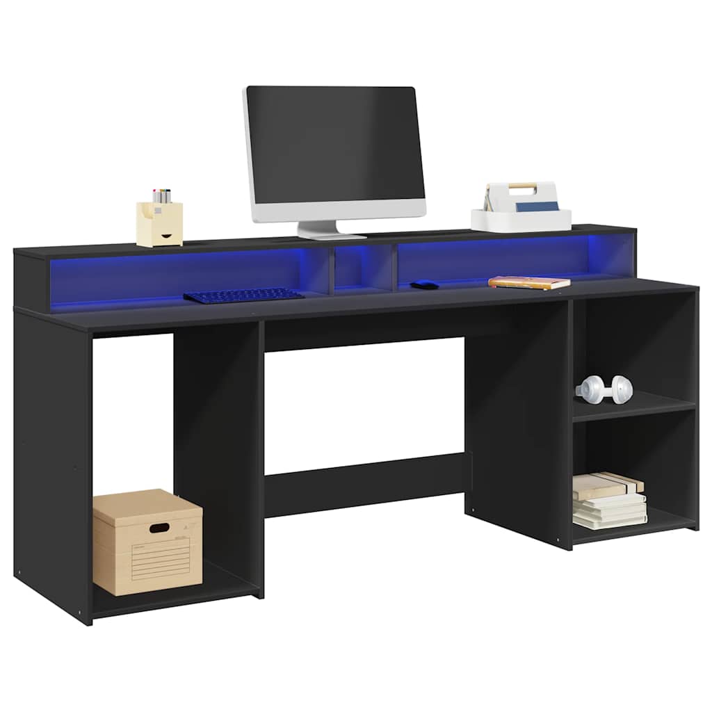 Bureau met LED-verlichting 200x55x91 cm bewerkt hout zwart – afbeelding 1