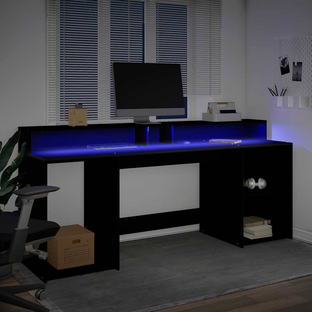 Bureau met LED-verlichting 200x55x91 cm bewerkt hout zwart – afbeelding 4