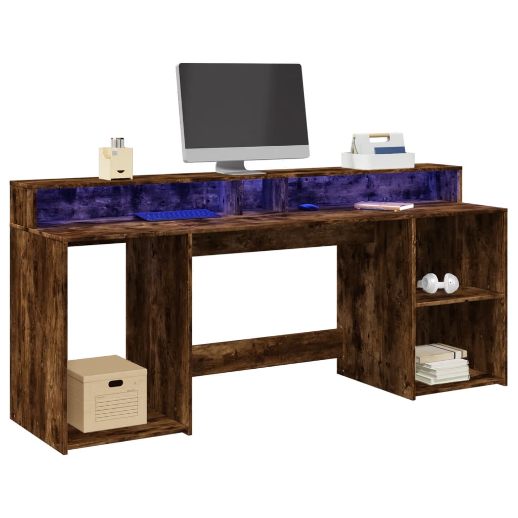 Bureau met LED-verlichting 200x55x91 cm hout gerookt eikenkleur – afbeelding 1