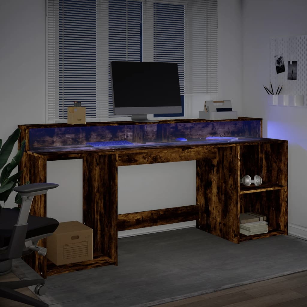 Bureau met LED-verlichting 200x55x91 cm hout gerookt eikenkleur – afbeelding 4