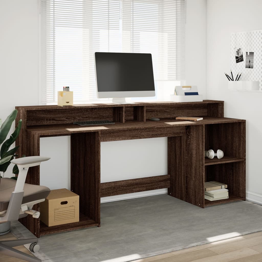 Bureau met LED-verlichting 200x55x91 cm hout bruin eikenkleurig – afbeelding 3