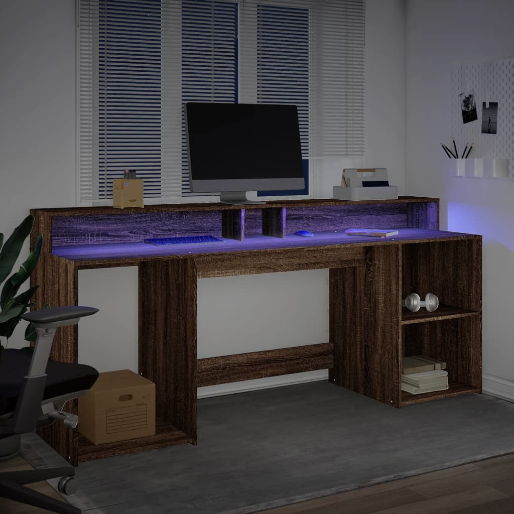 Bureau met LED-verlichting 200x55x91 cm hout bruin eikenkleurig – afbeelding 4