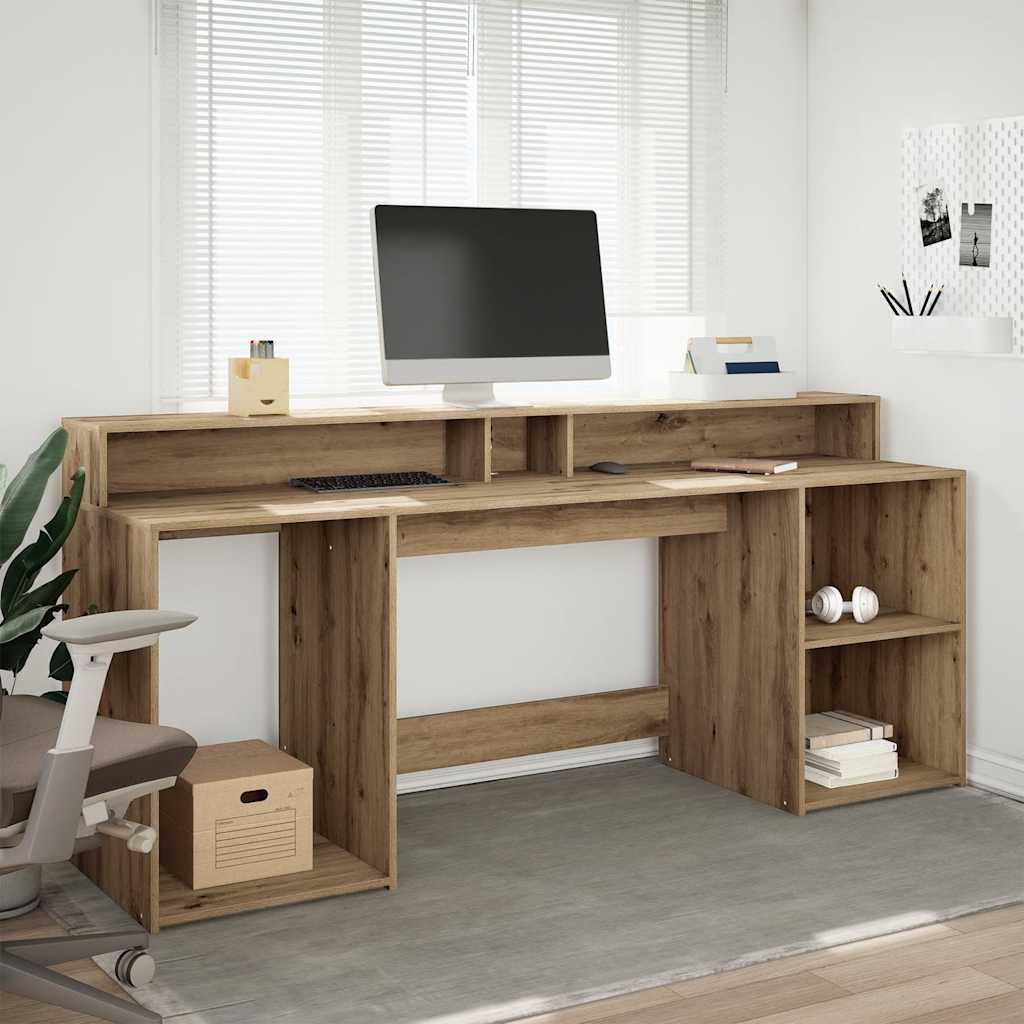 Bureau met LED-verlichting 200x55x91 cm hout artisanaal eiken – afbeelding 1