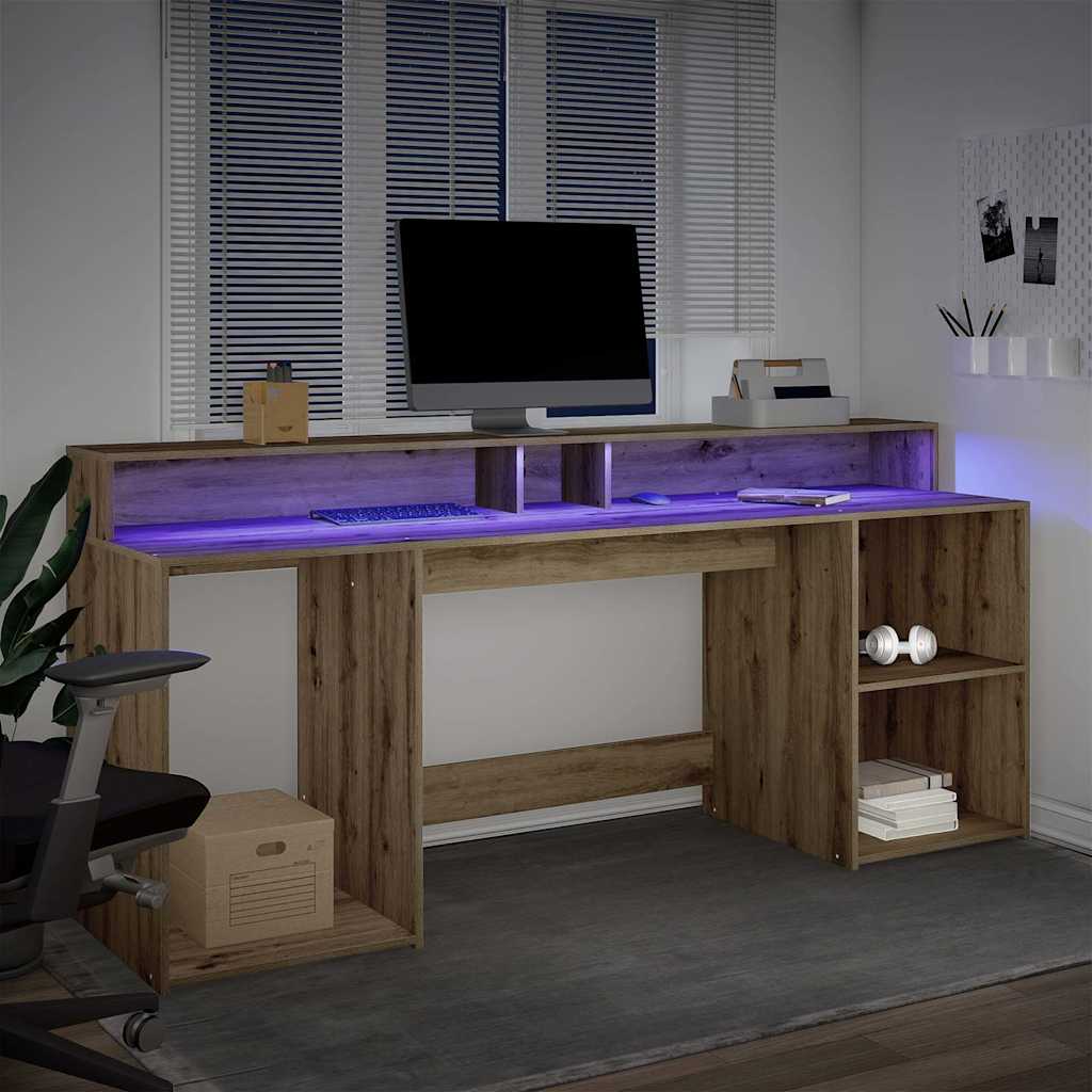 Bureau met LED-verlichting 200x55x91 cm hout artisanaal eiken – afbeelding 3