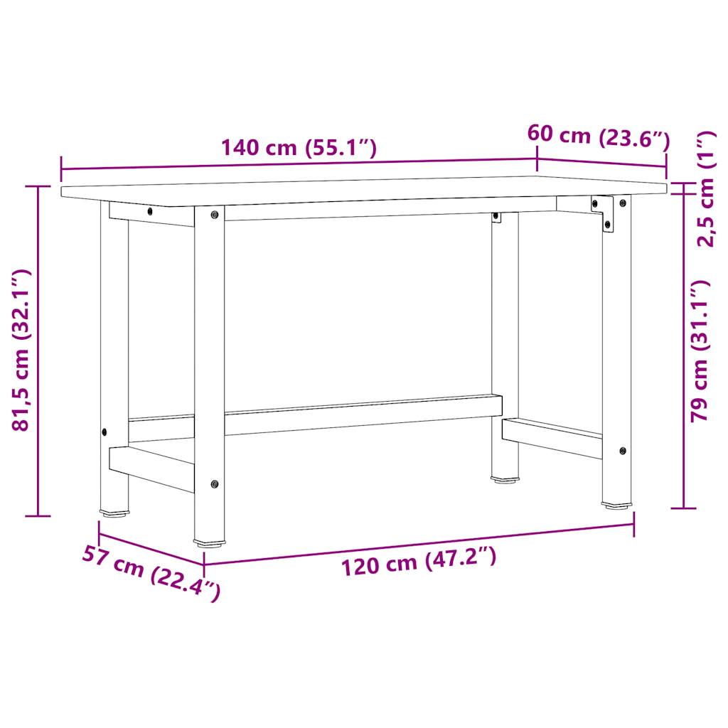 Werkbank 140x60x81,5 cm massief eikenhout lichtbruin – afbeelding 11
