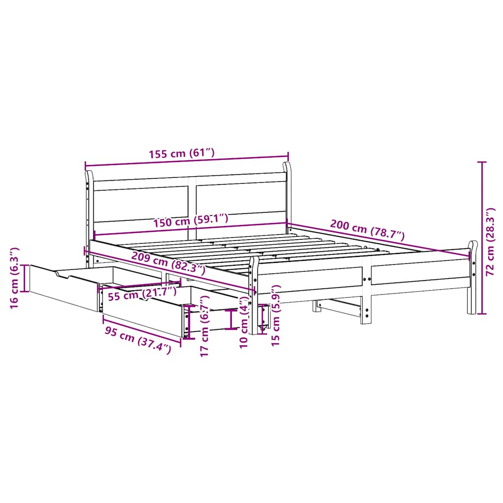 Bedframe zonder matras massief grenenhout 150x200 cm – afbeelding 12