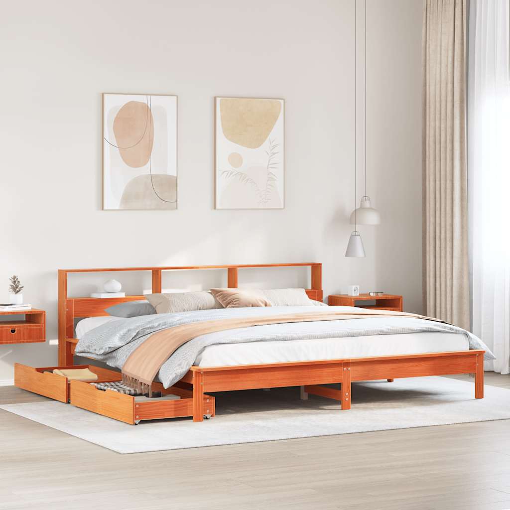 Bed met boekenkast zonder matras grenenhout wasbruin 180x200 cm – afbeelding 1