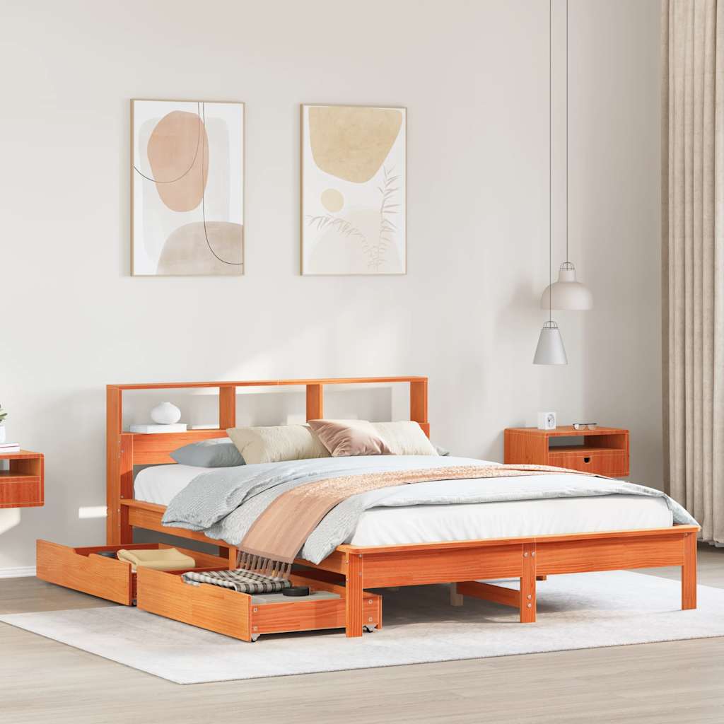 Bed met boekenkast zonder matras grenenhout wasbruin 160x200 cm – afbeelding 1
