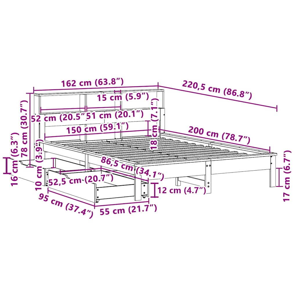 Bed met boekenkast zonder matras massief grenenhout 150x200 cm – afbeelding 12