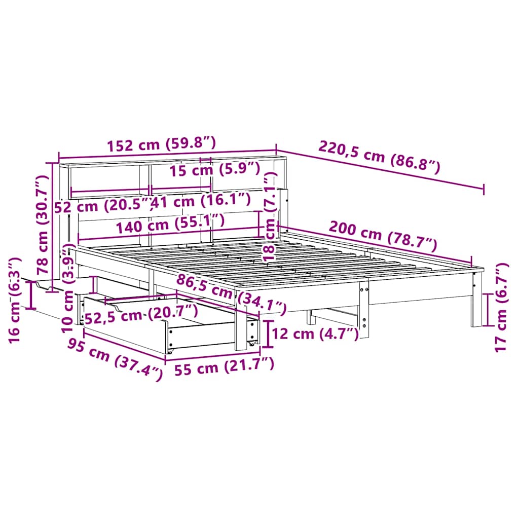 Bed met boekenkast zonder matras massief grenenhout 140x200 cm – afbeelding 12