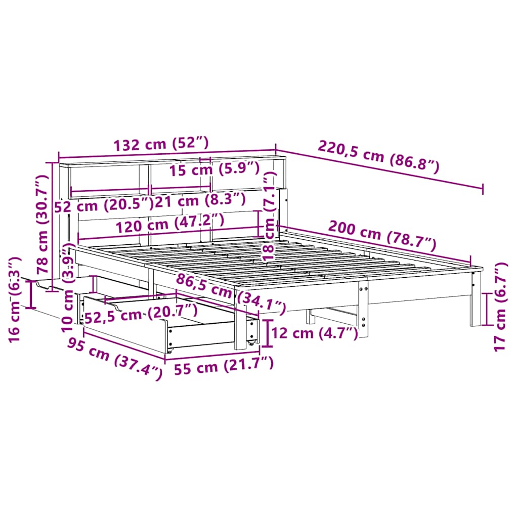 Bed met boekenkast zonder matras massief grenenhout 120x200 cm – afbeelding 12