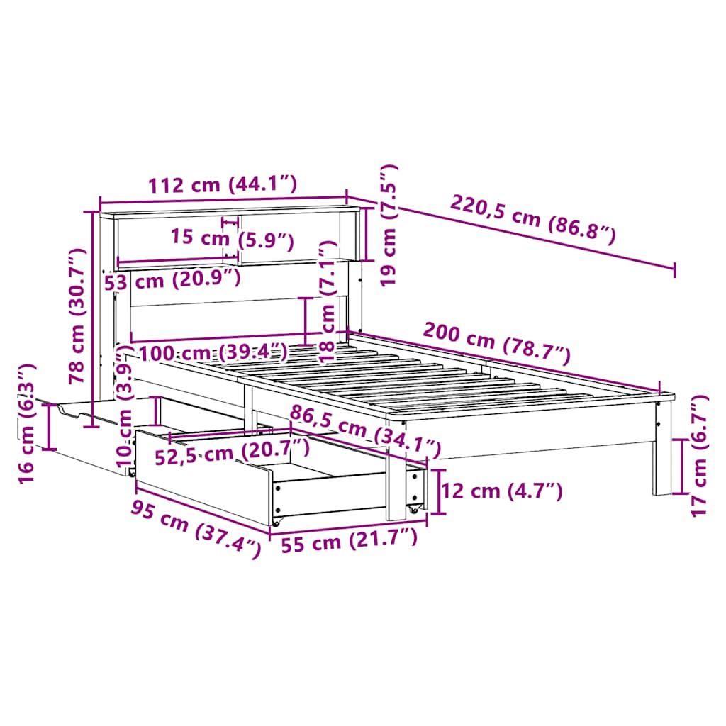 Bed met boekenkast zonder matras massief grenenhout 100x200 cm – afbeelding 12