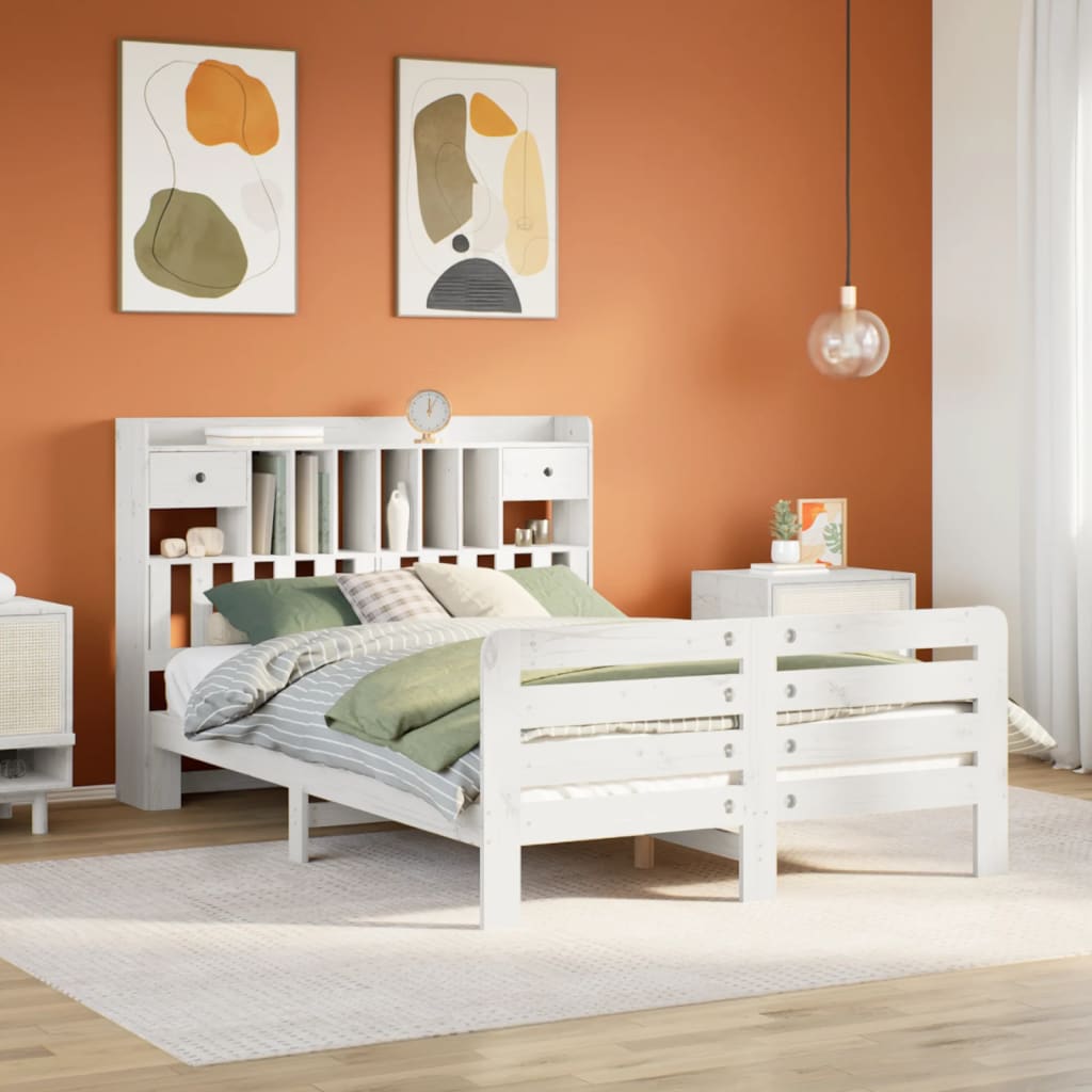 Bed met boekenkast zonder matras grenenhout wit 160x200 cm – afbeelding 1