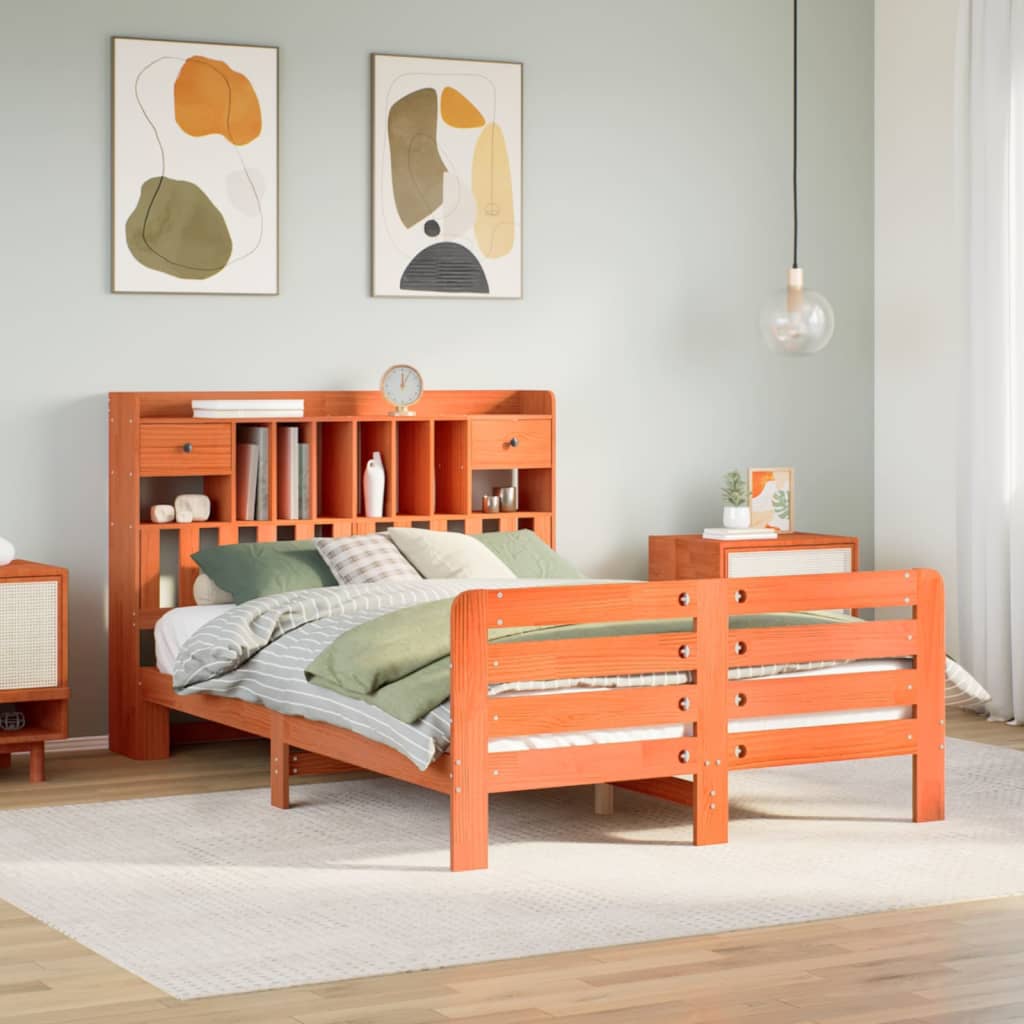 Bed met boekenkast zonder matras grenenhout wasbruin 160x200 cm – afbeelding 1