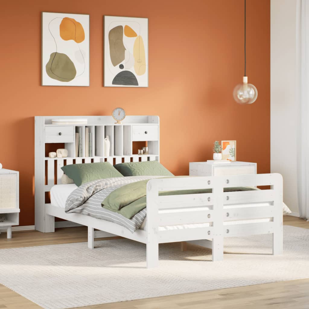 Bed met boekenkast zonder matras grenenhout wit 135x190 cm – afbeelding 1