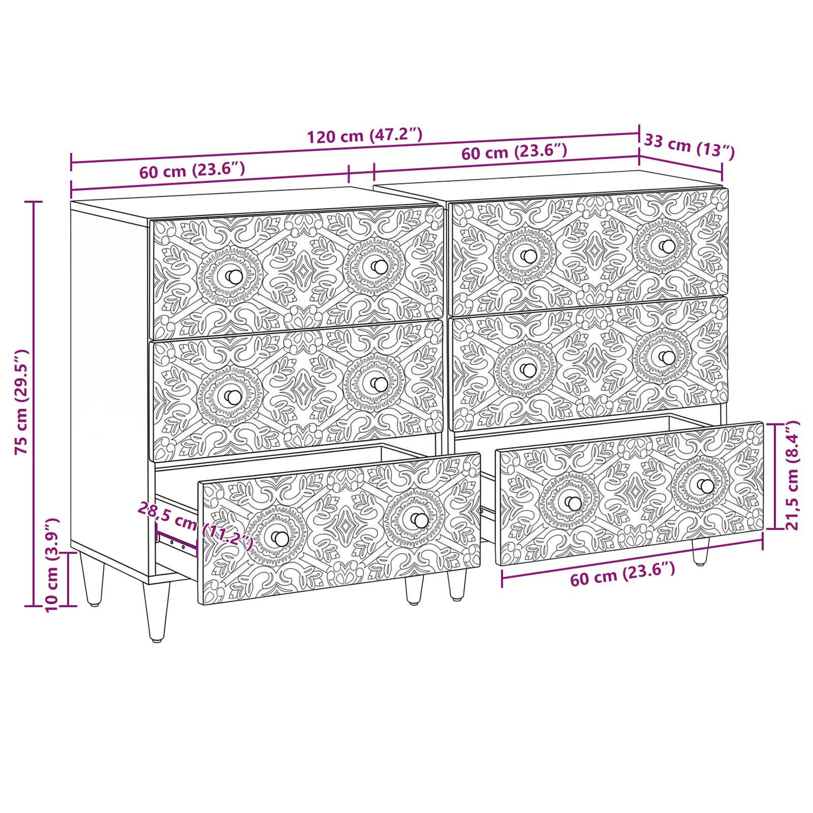 Dressoir 2 pcs Wit 60 x 33,5 x 75 cm Massief Mango Hout – afbeelding 12