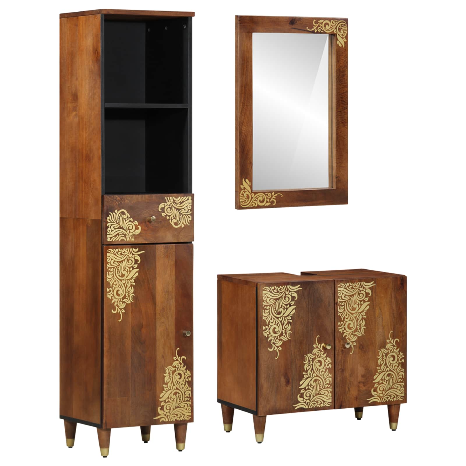 Badkamerkastenset met lade 3 pcs Honingbruin Massief Mango Hout