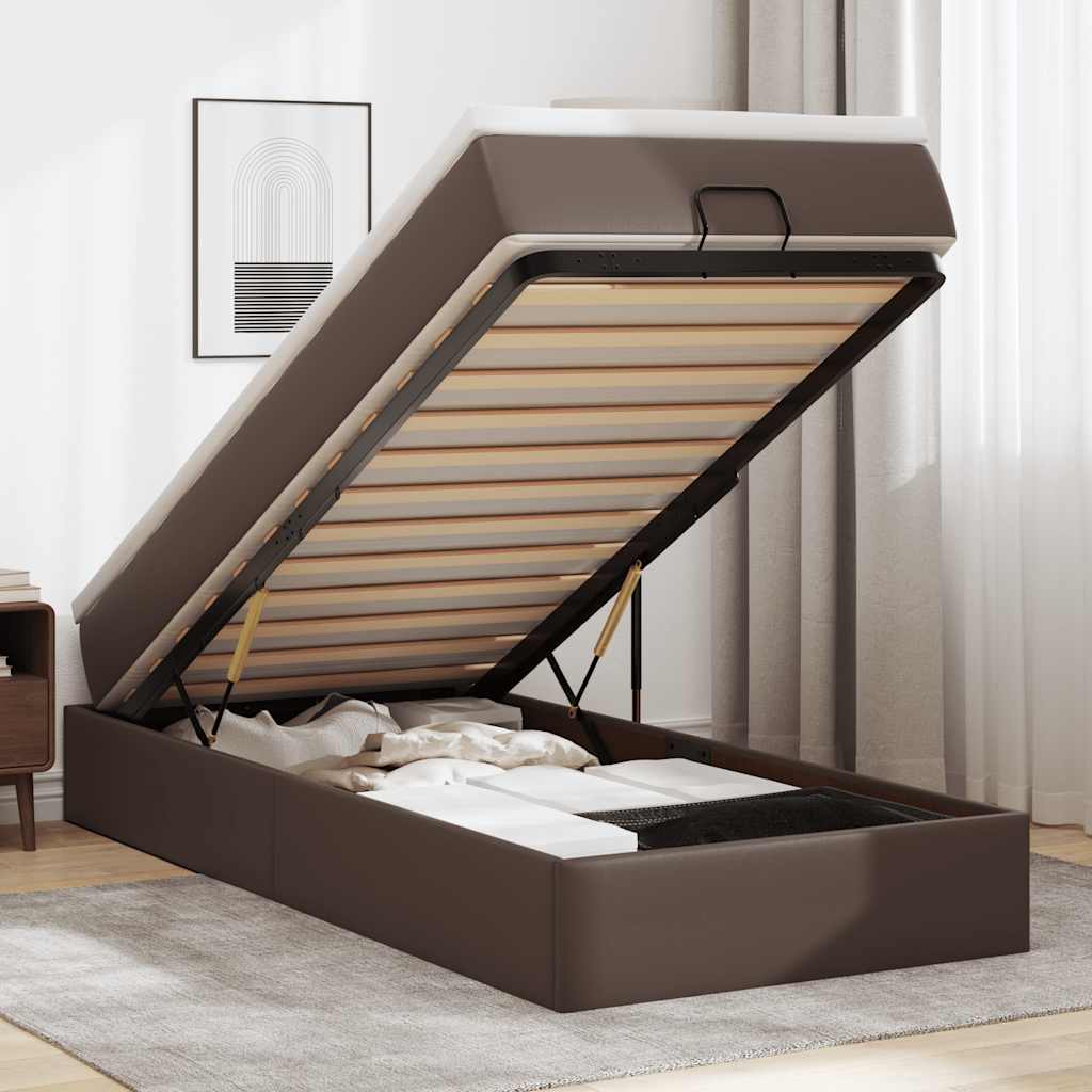 Ottoman bed met matras 90x200cm kunstleer bruin