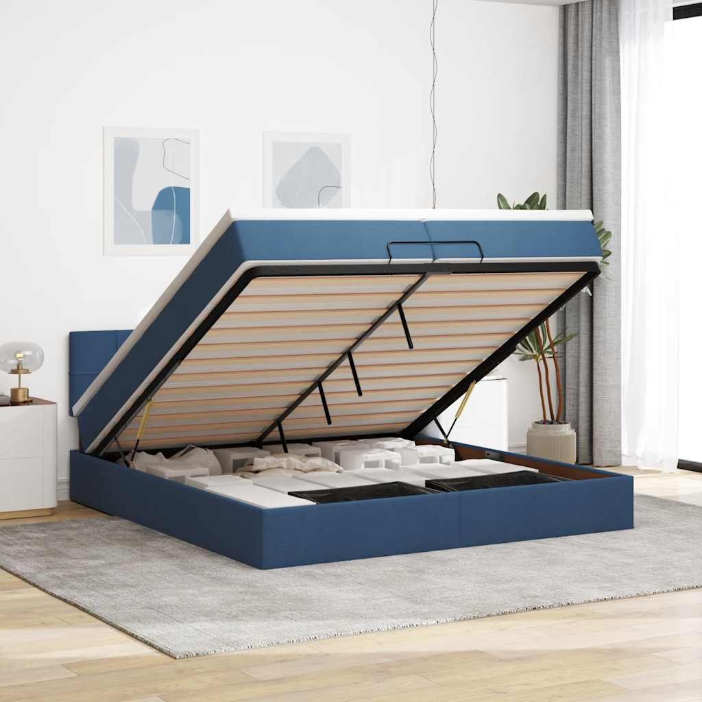 Ottoman bed met matras 200x200 cm stof blauw – afbeelding 1