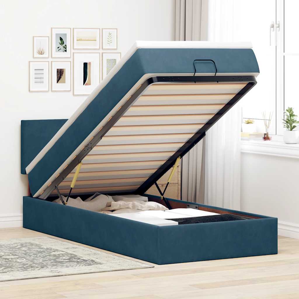 Ottoman bed met matras 90x190cm fluweel donkerblauw – afbeelding 1