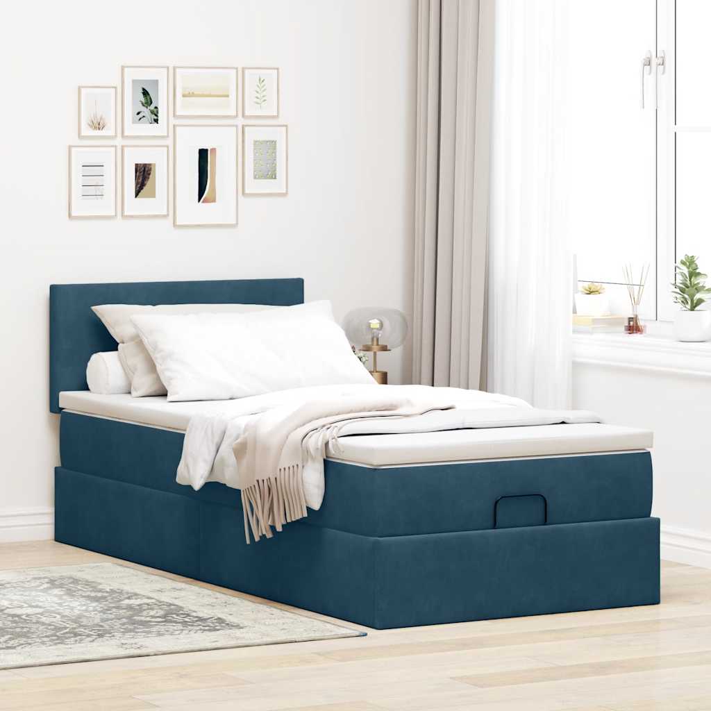 Ottoman bed met matras 90x190cm fluweel donkerblauw – afbeelding 3
