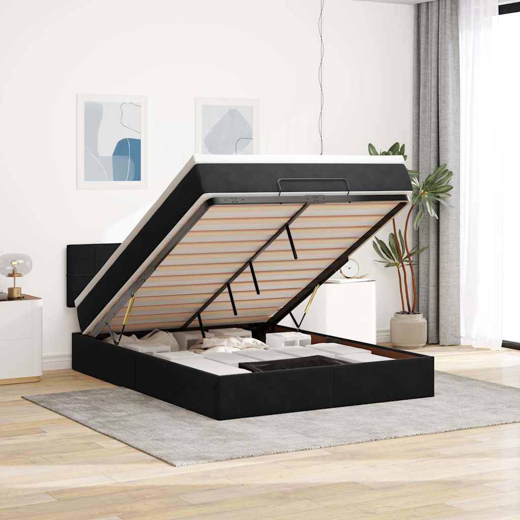 Ottoman bed met matras 140x200cm fluweel zwart – afbeelding 1