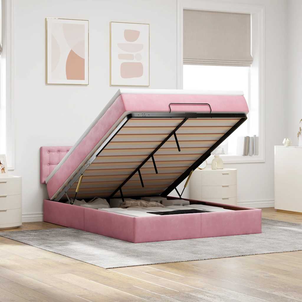 Ottoman bed met matras 140x190cm fluweel roze – afbeelding 1