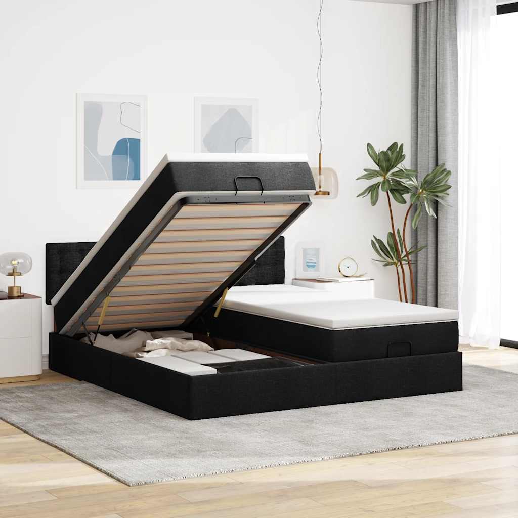 Ottoman bed met matrassen 160x200cm stof zwart – afbeelding 1