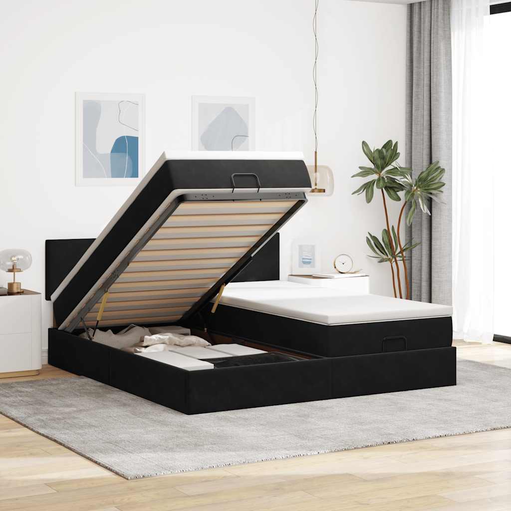 Ottoman bed met matrassen 160x200cm fluweel zwart – afbeelding 1