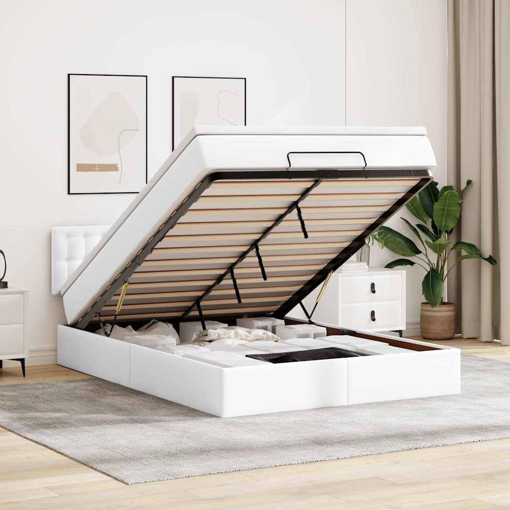 Bed poef met matrassen en LED's 140x200cm kunstleer zuiver wit – afbeelding 1