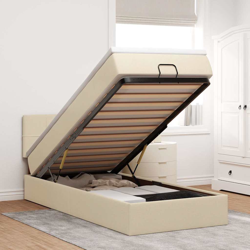Ottoman bed met matras en LED's 90x190cm stof crèmekleurig – afbeelding 1