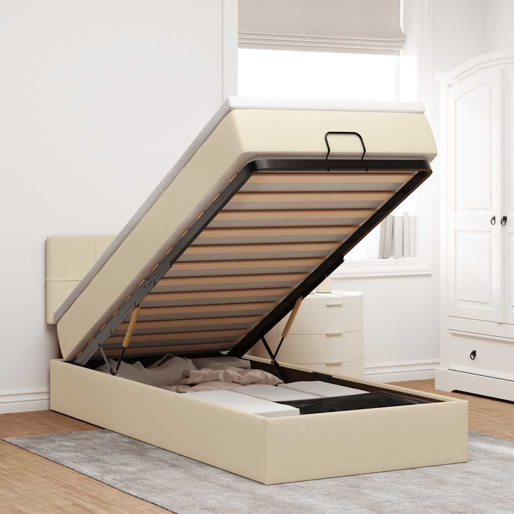 Bed poef met matras en LED's 90x200 cm stof crèmekleurig – afbeelding 1