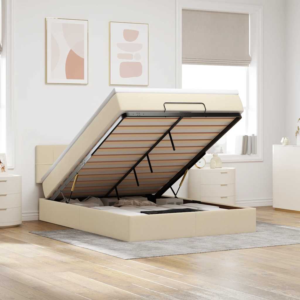Bed poef met matras en LED's stof 140x190 cm crème – afbeelding 1