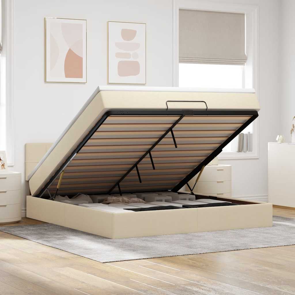Bed poef met matras en LED's 180x200 cm stof crèmekleurig – afbeelding 1