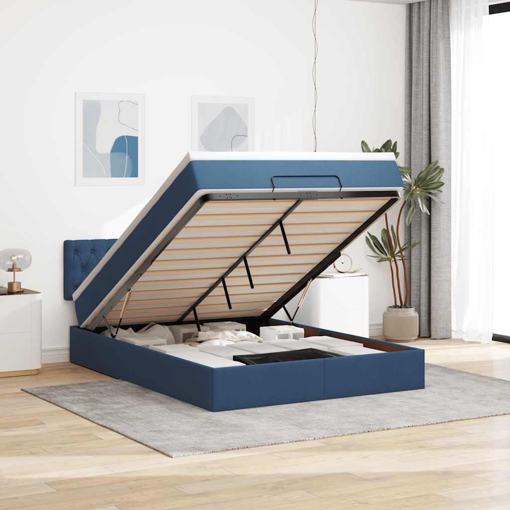 Ottoman bed met matras en LED's 140x200cm stof blauw – afbeelding 1