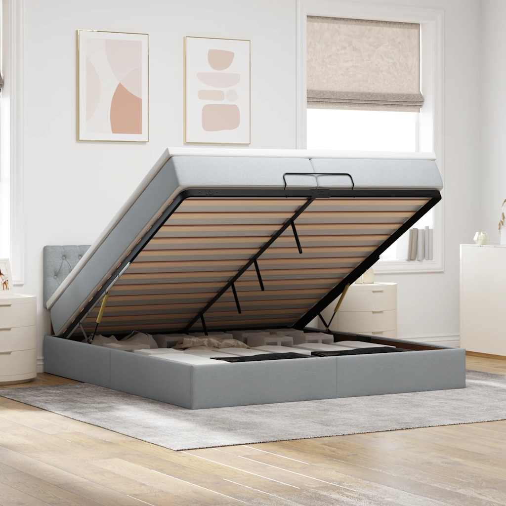 Ottoman bed met matrassen en LED's 200x200cm stof lichtgrijs – afbeelding 1