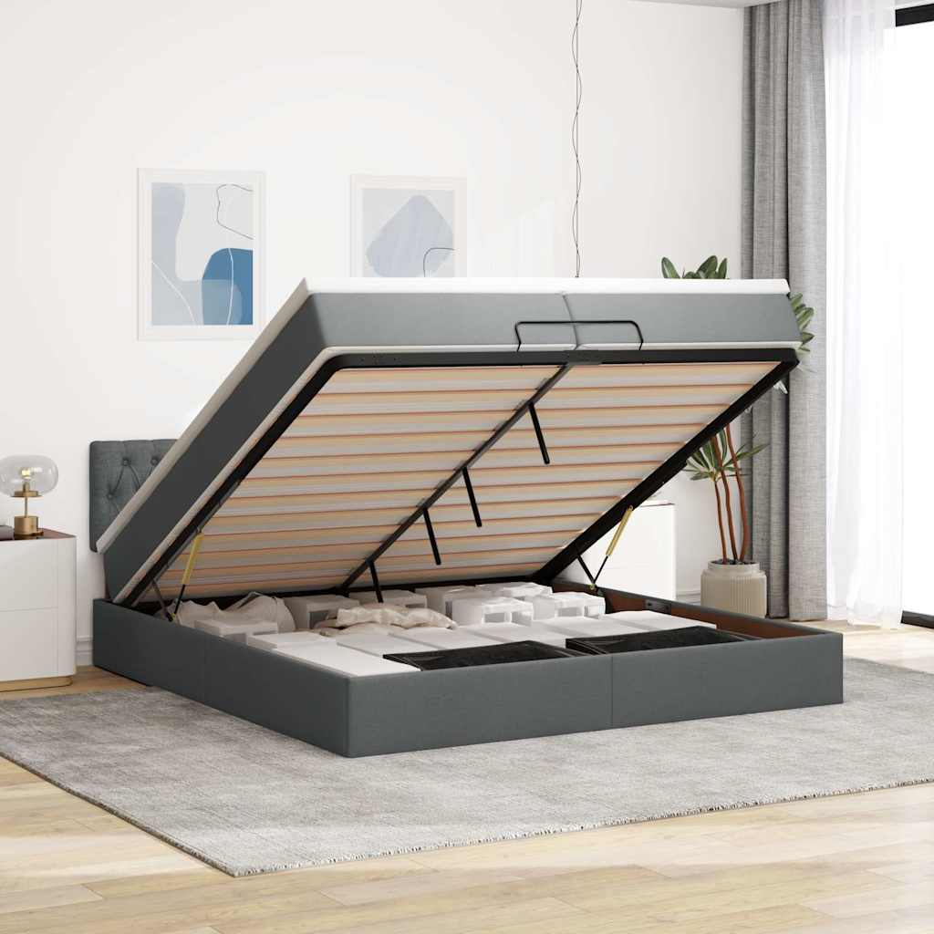 Ottoman bed met matrassen en LED's 200x200cm stof donkergrijs – afbeelding 1