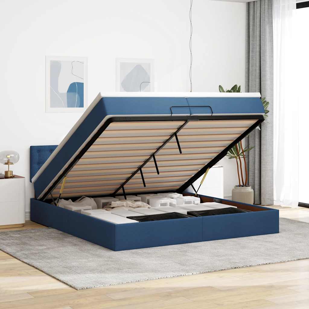 Ottoman bed met matrassen en LED's 200x200cm stof blauw – afbeelding 1