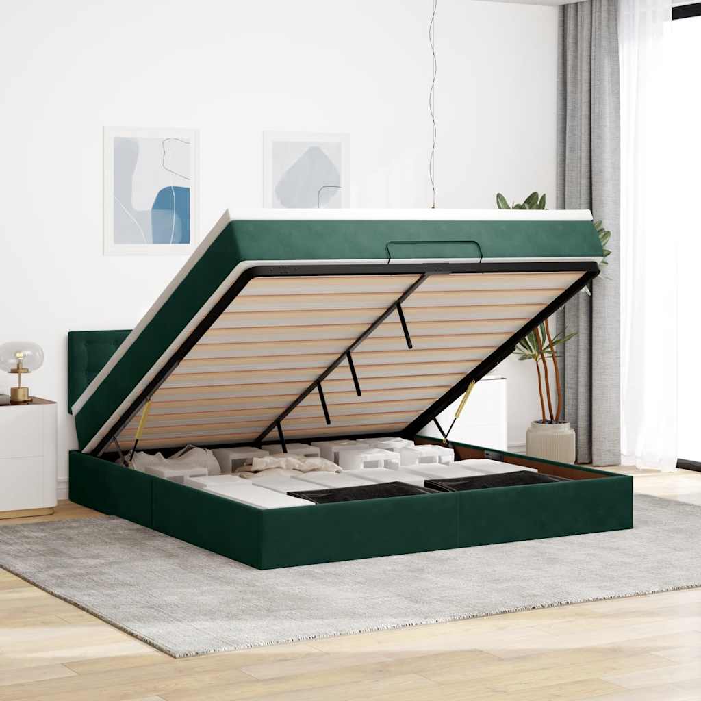 Ottoman bed met matras en LED's 160x200cm fluweel donkergroen – afbeelding 1