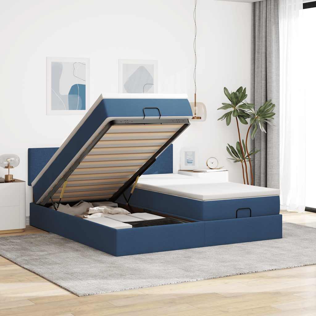Ottoman bed met matrassen en LED's 200x200cm stof blauw – afbeelding 1